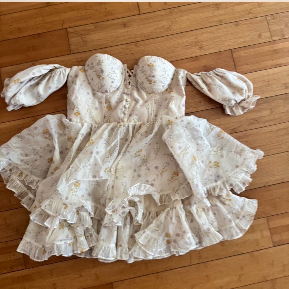 Off-Shoulder Cream Floral Ruffle Mini Dress